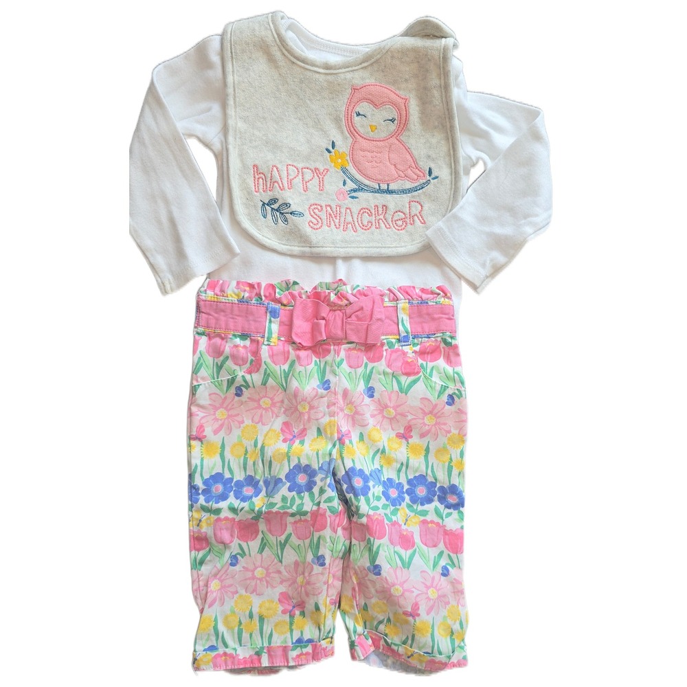 Carter's Gymboree Baby Girl 18M 3pc Set Bodysuit Floral Pants Owl Bib Pink White